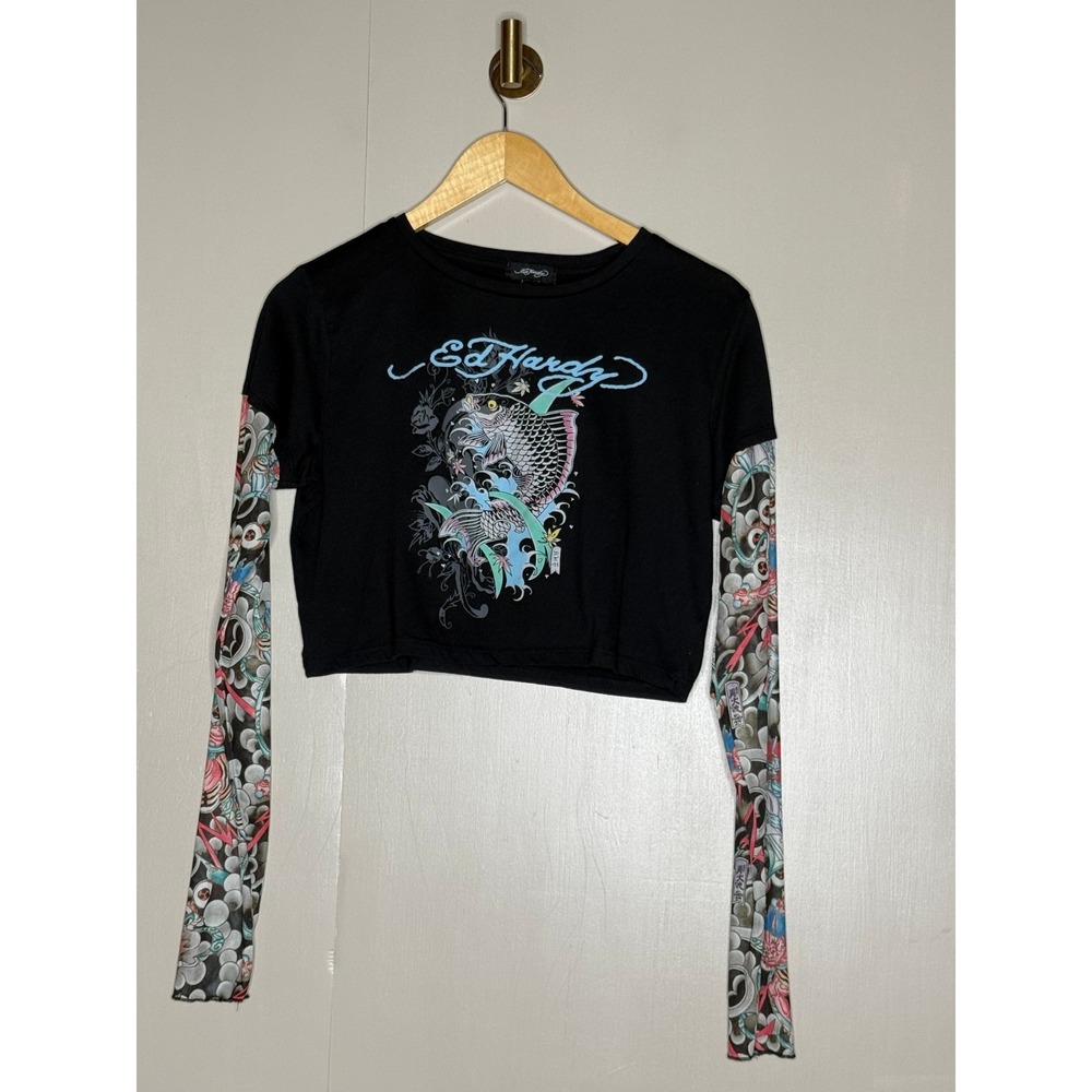 Ed Hardy Koi Fish Tattoo Sleeve Crop Top Black Layered Y2K Size XL